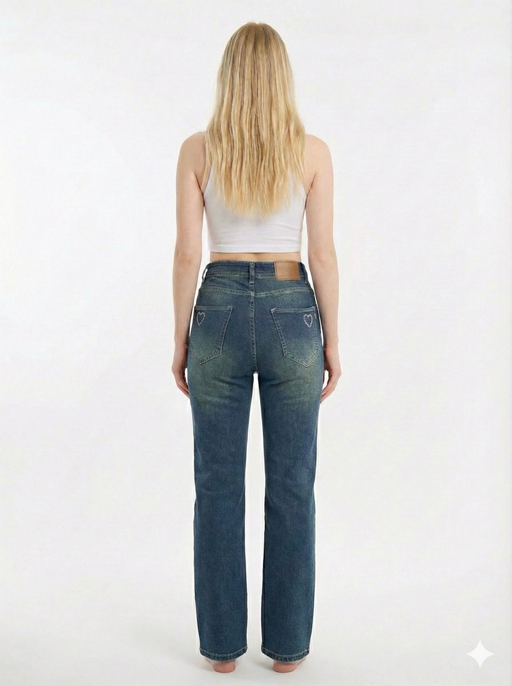 High-Waist Wide Leg Jeans with Rhinestone Hearts