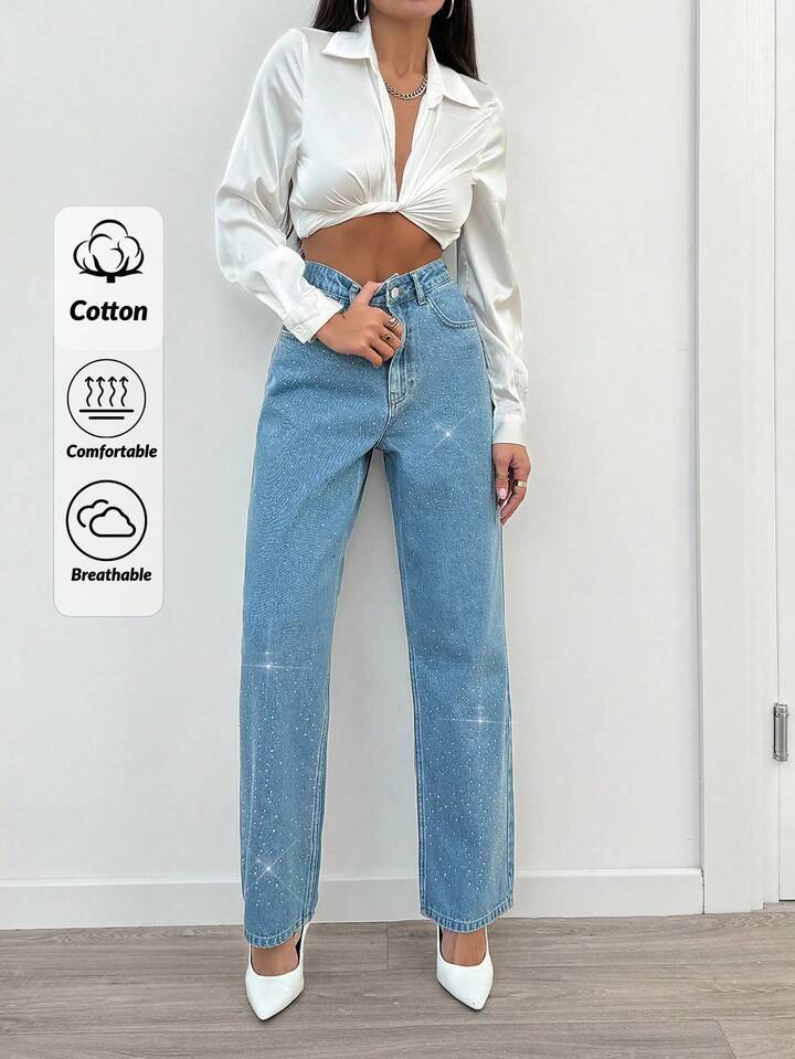 Rhinestone Embellished High-Waist Straight Leg Jeans in Light Wash