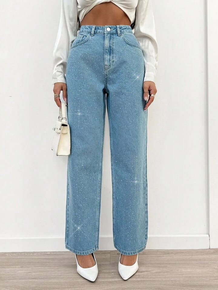 Rhinestone Embellished High-Waist Straight Leg Jeans in Light Wash