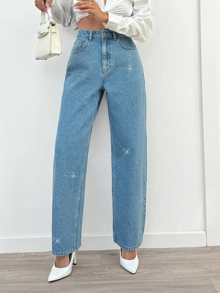 Rhinestone Embellished High-Waist Straight Leg Jeans in Light Wash
