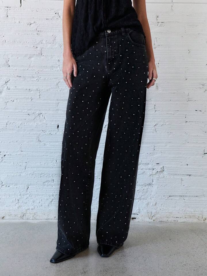 Women's High-Waist Rhinestone Straight Leg Jeans - Black