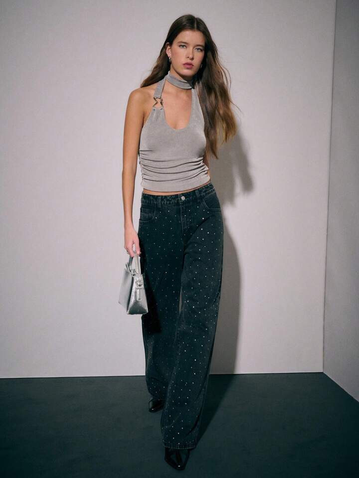 Women's High-Waist Rhinestone Straight Leg Jeans - Black