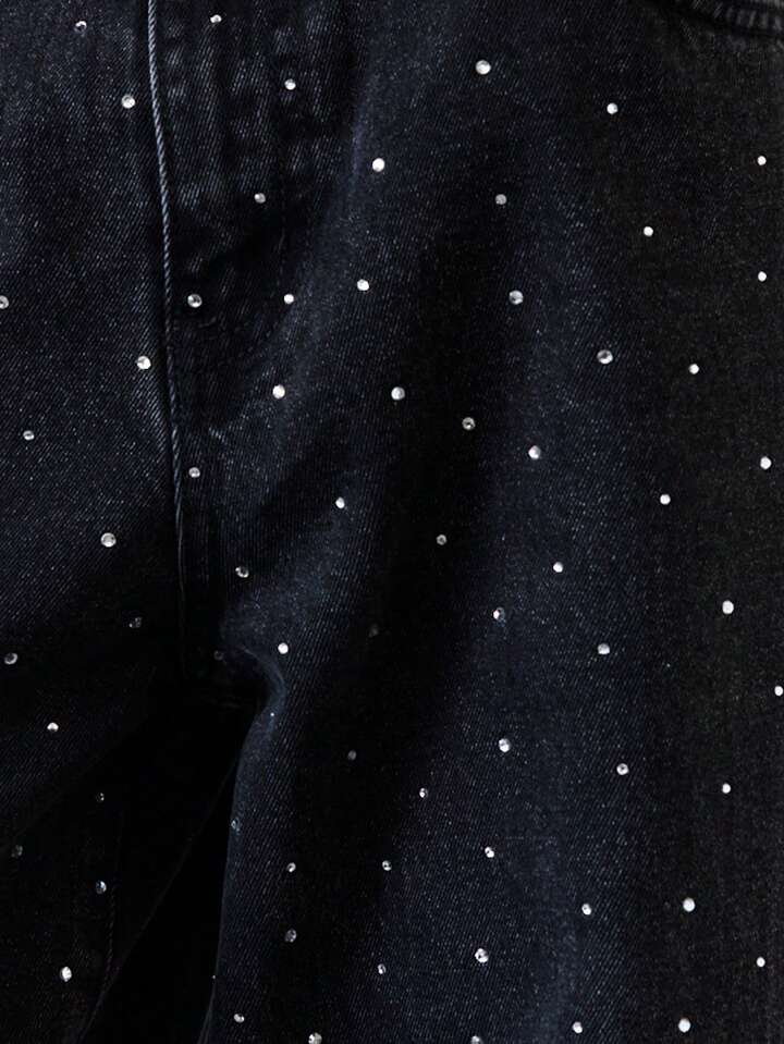 Women's High-Waist Rhinestone Straight Leg Jeans - Black