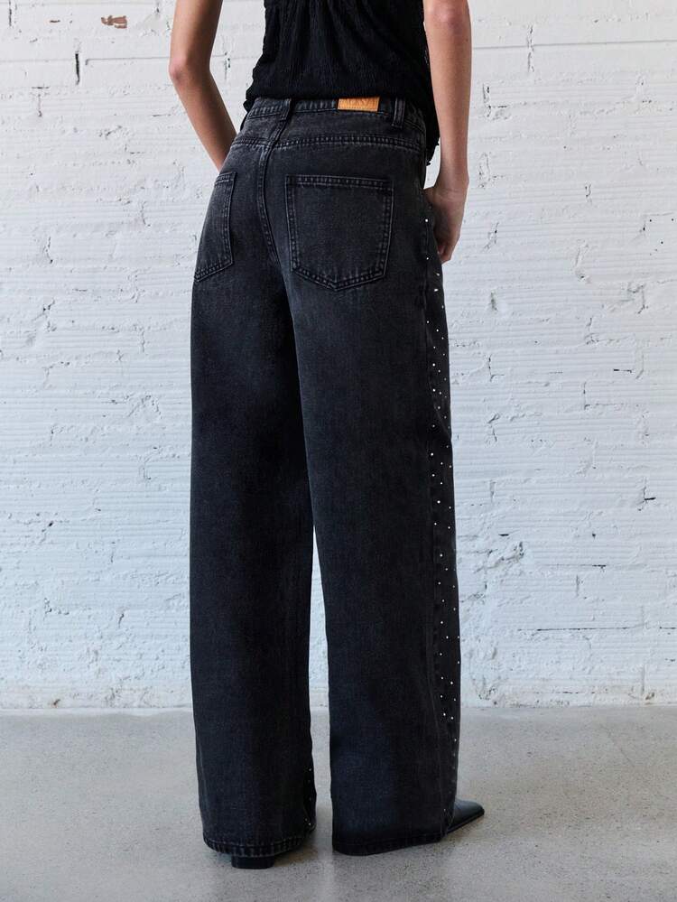 Women's High-Waist Rhinestone Straight Leg Jeans - Black