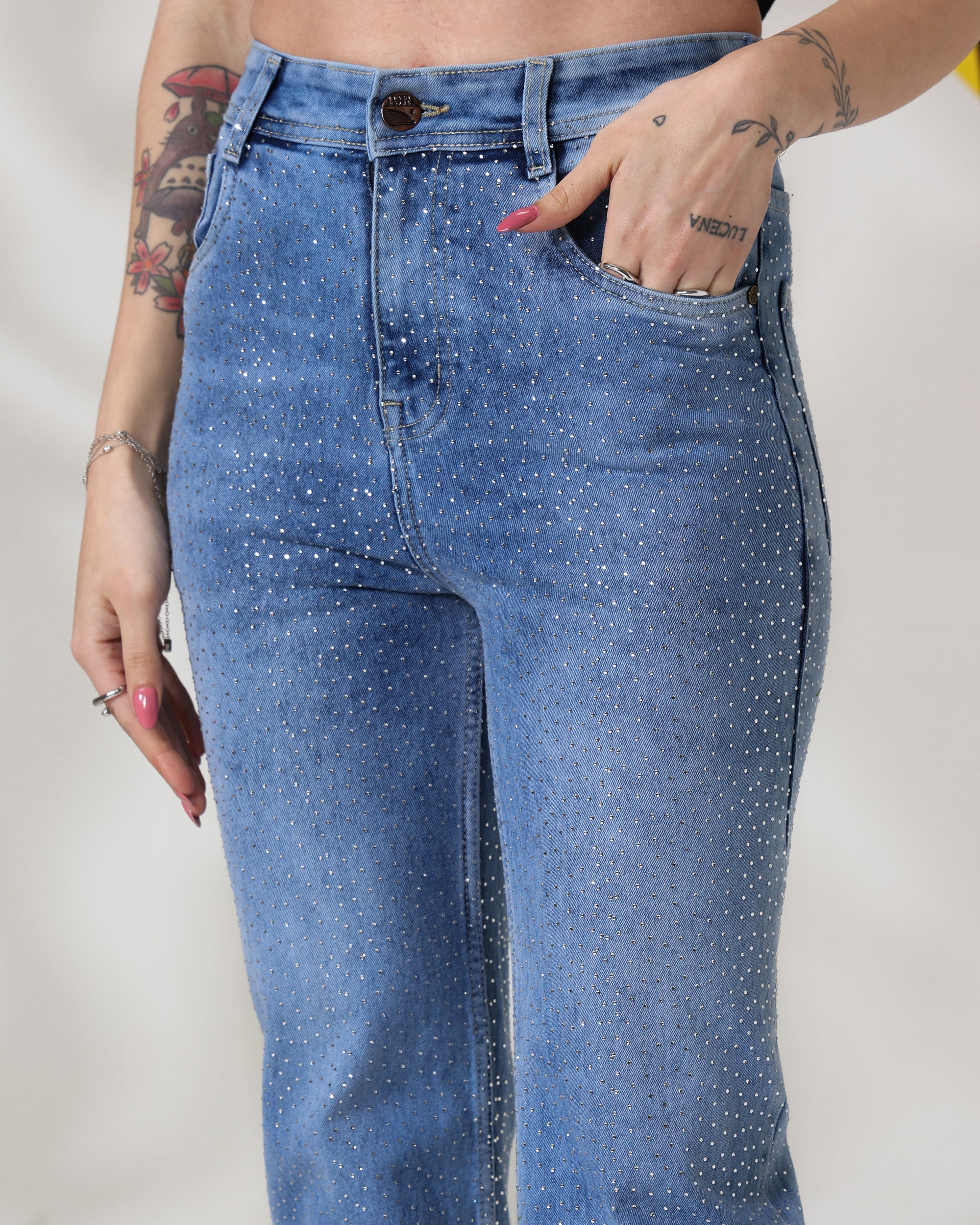 Crystal Sky - Rhinestone Embellished Wide Leg Jeans