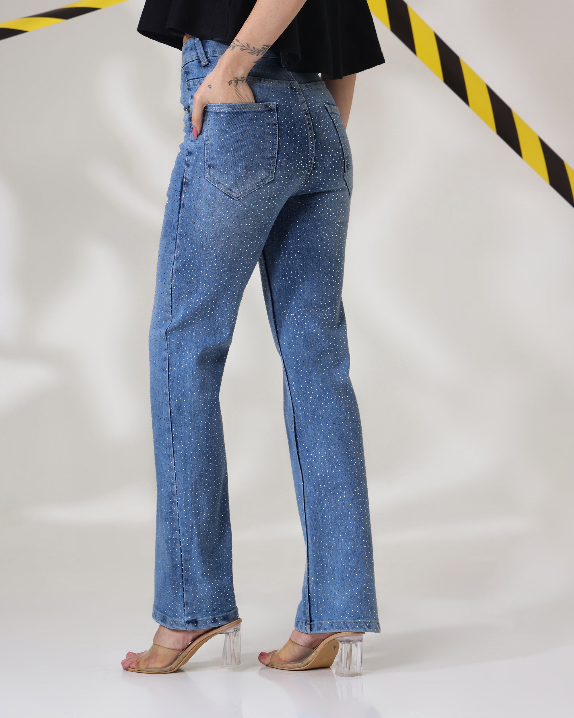 Crystal Sky - Rhinestone Embellished Wide Leg Jeans