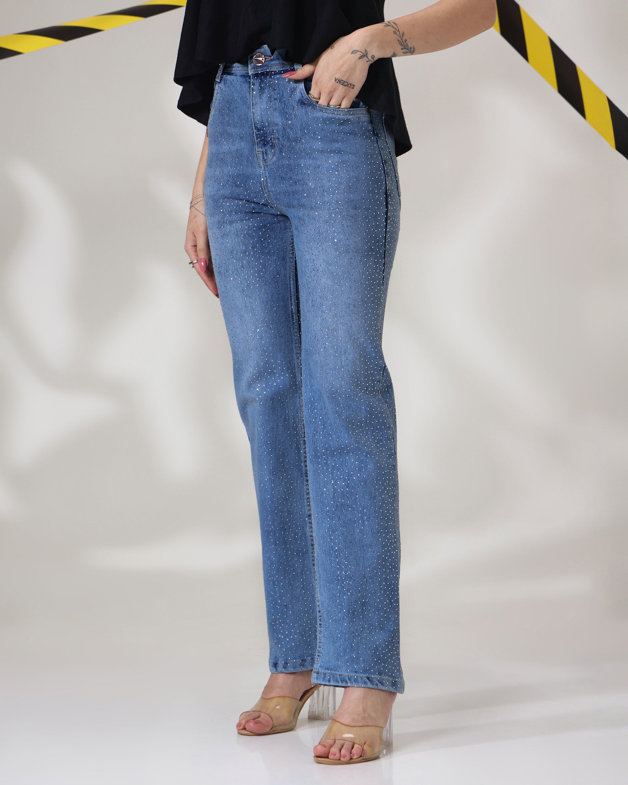 Crystal Sky - Rhinestone Embellished Wide Leg Jeans