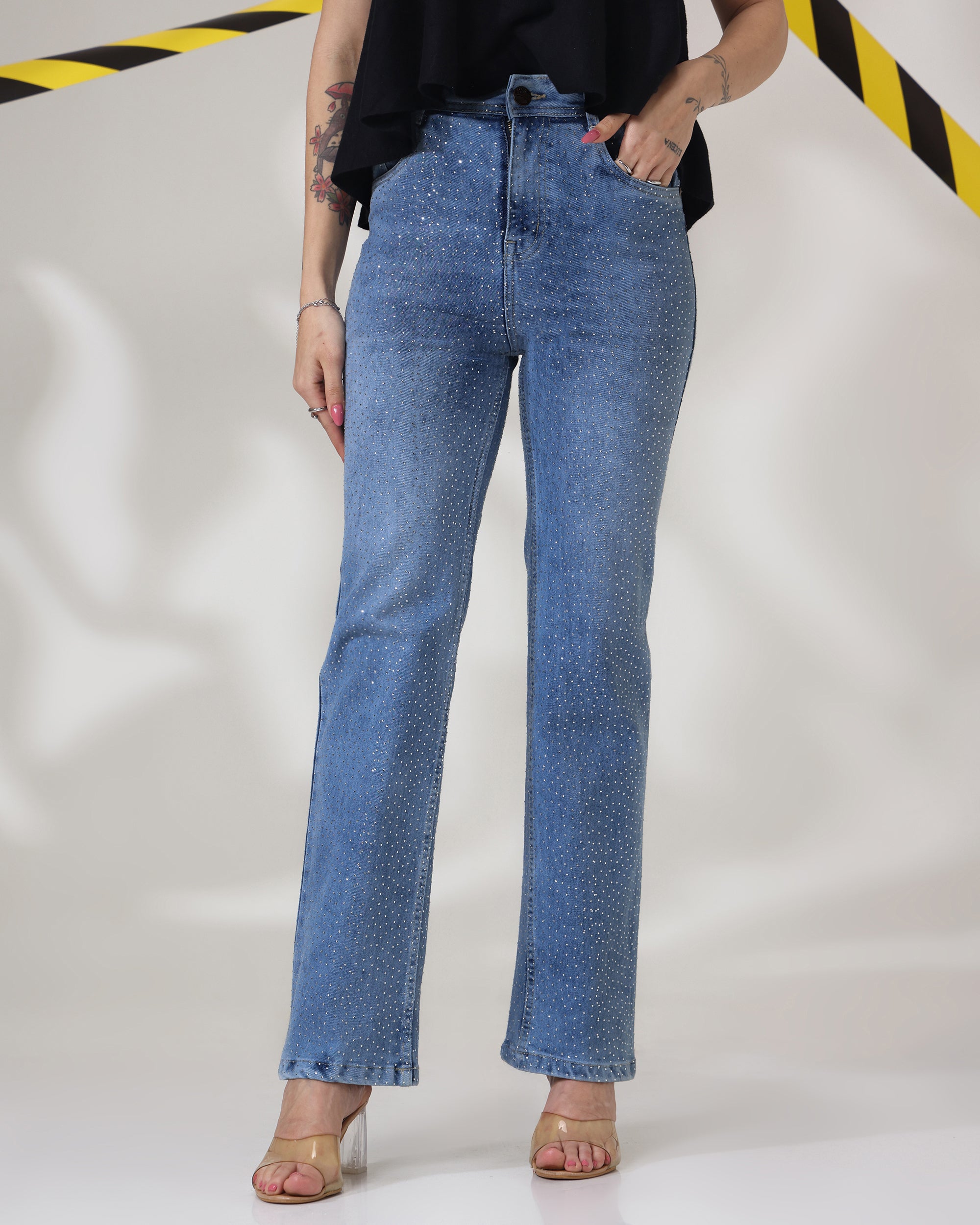 Crystal Sky - Rhinestone Embellished Wide Leg Jeans