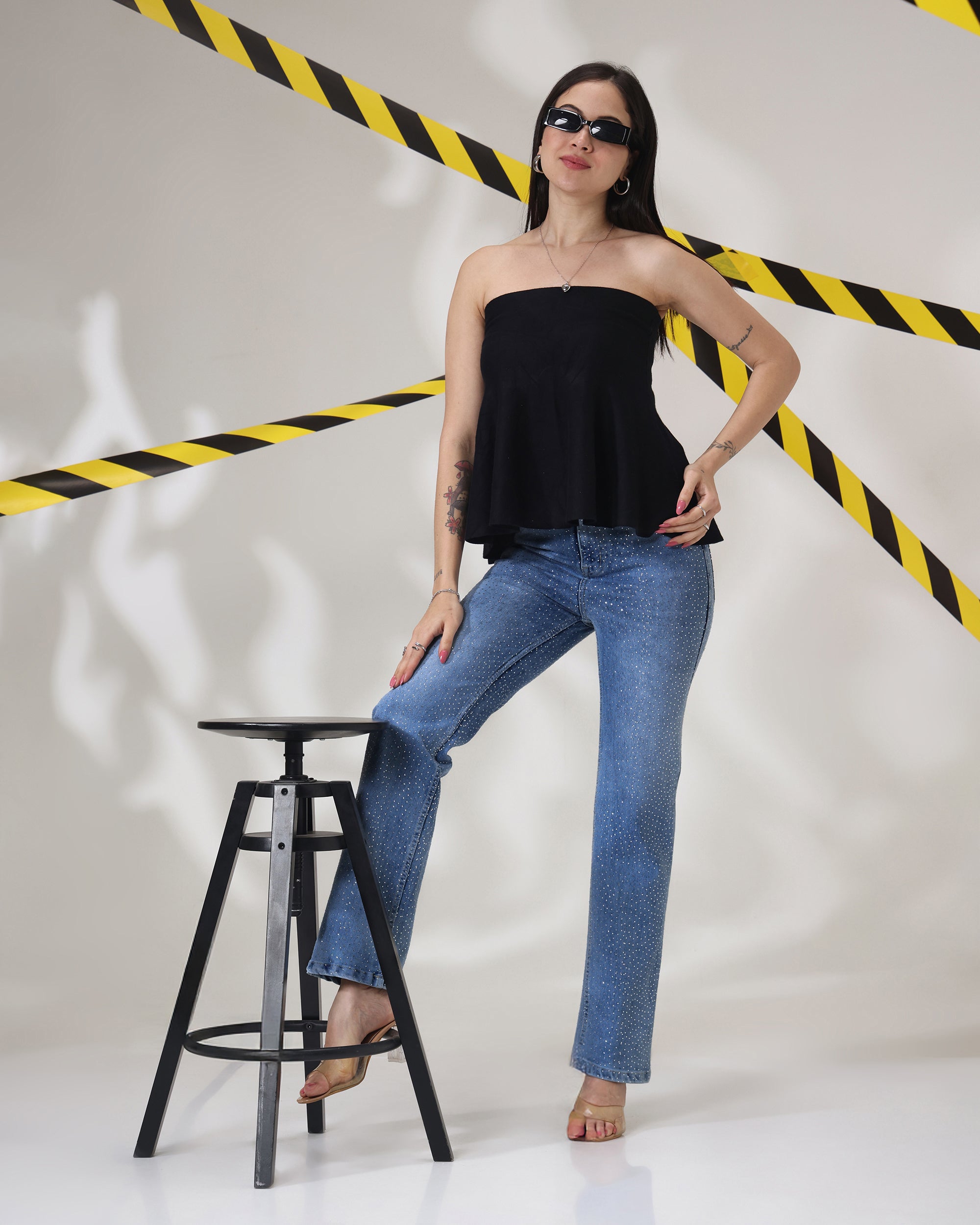 Crystal Sky - Rhinestone Embellished Wide Leg Jeans