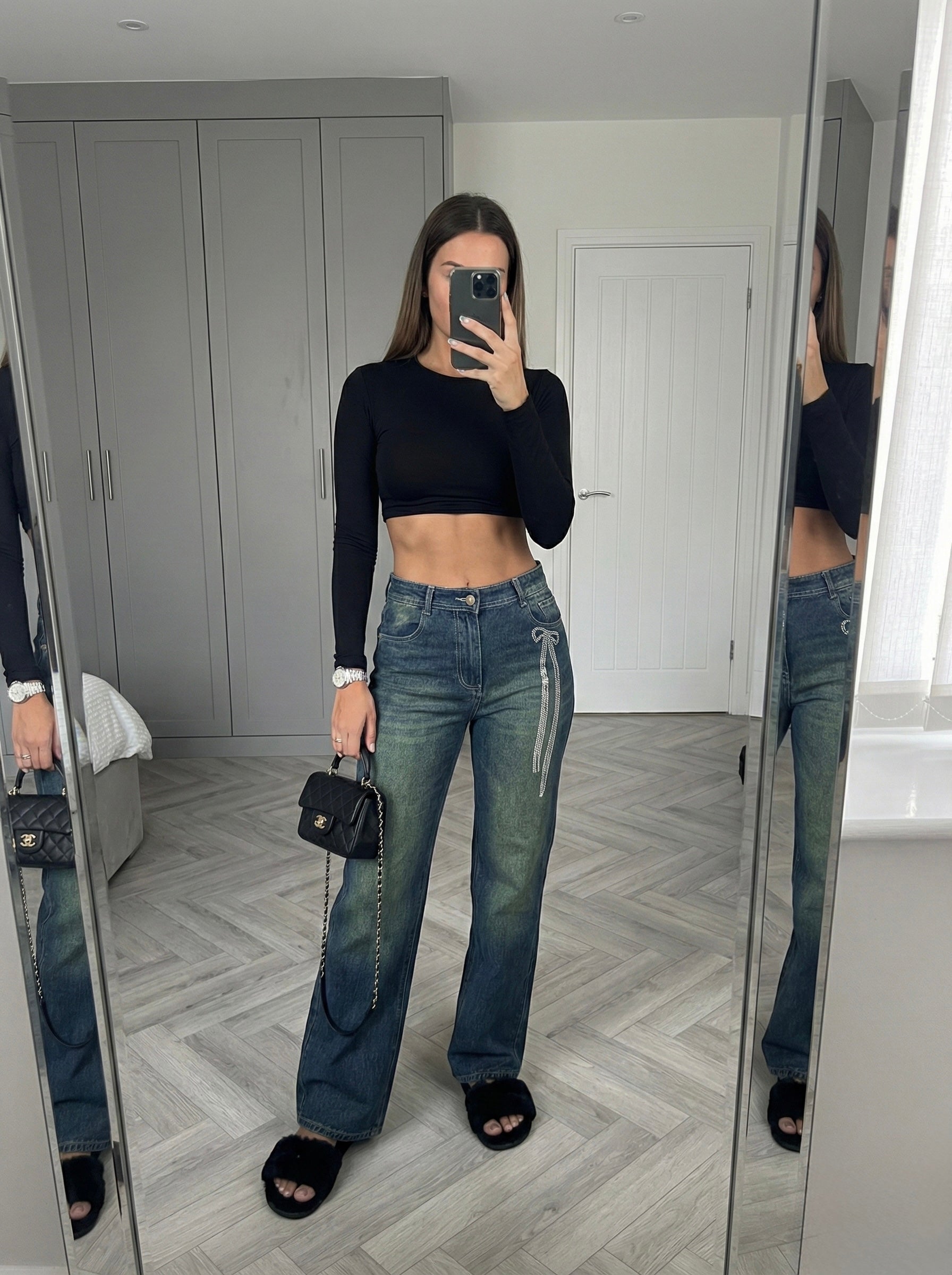 Rhinestone Bow Wide-Leg Jeans