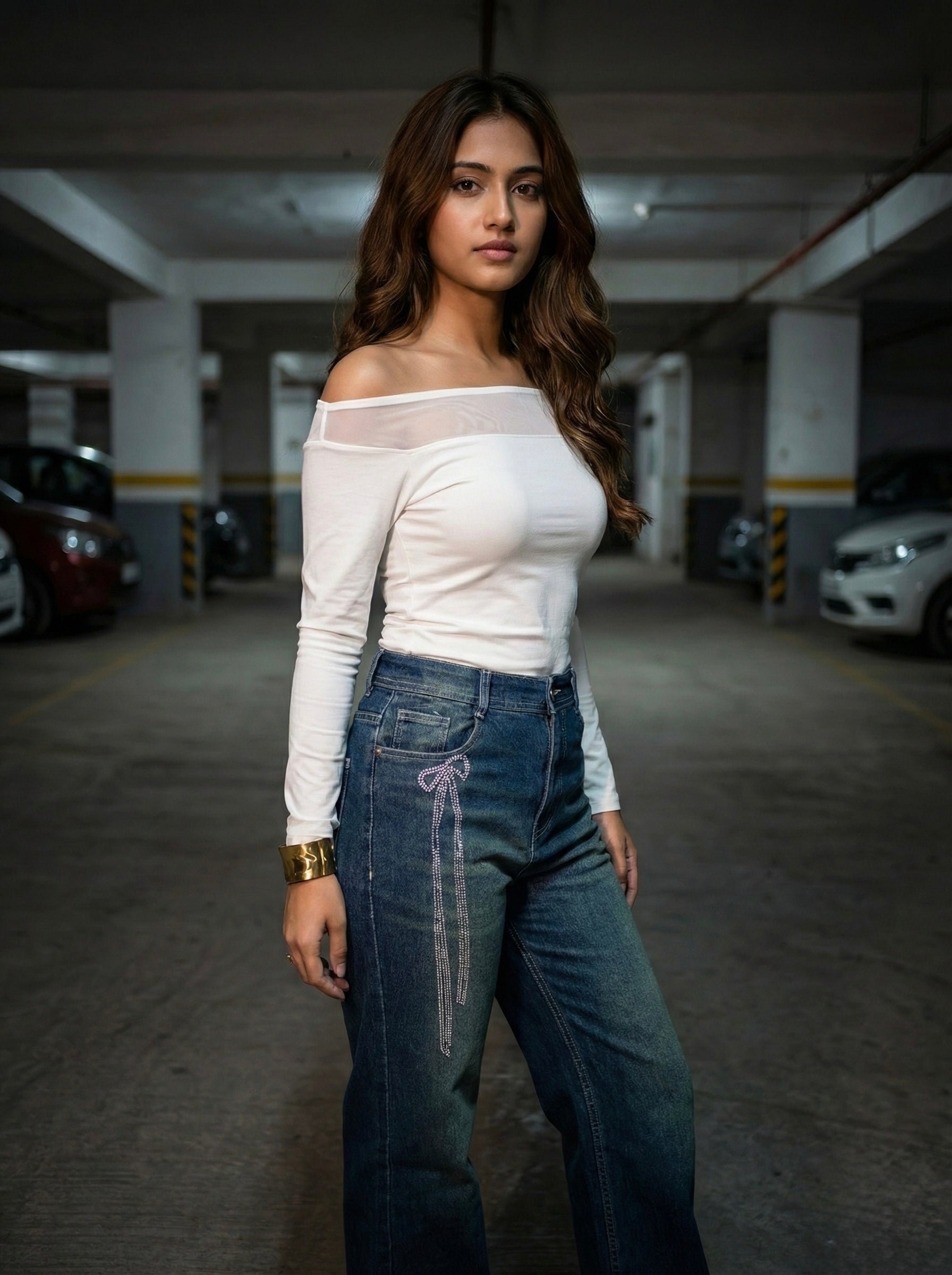 Rhinestone Bow Wide-Leg Jeans