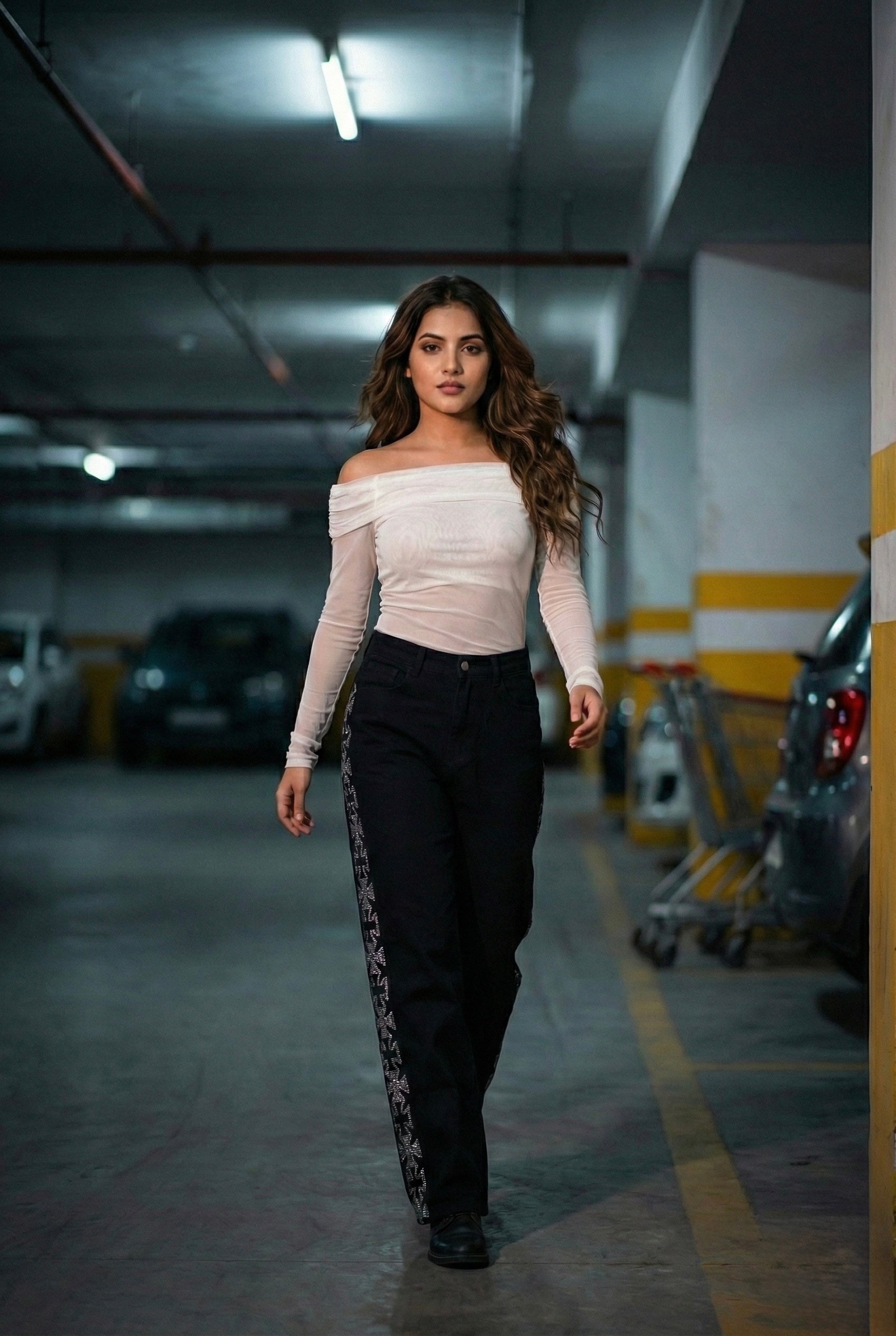 Black Wide-Leg Rhinestone Side Stripe Jeans | Premium Party Wear Fit