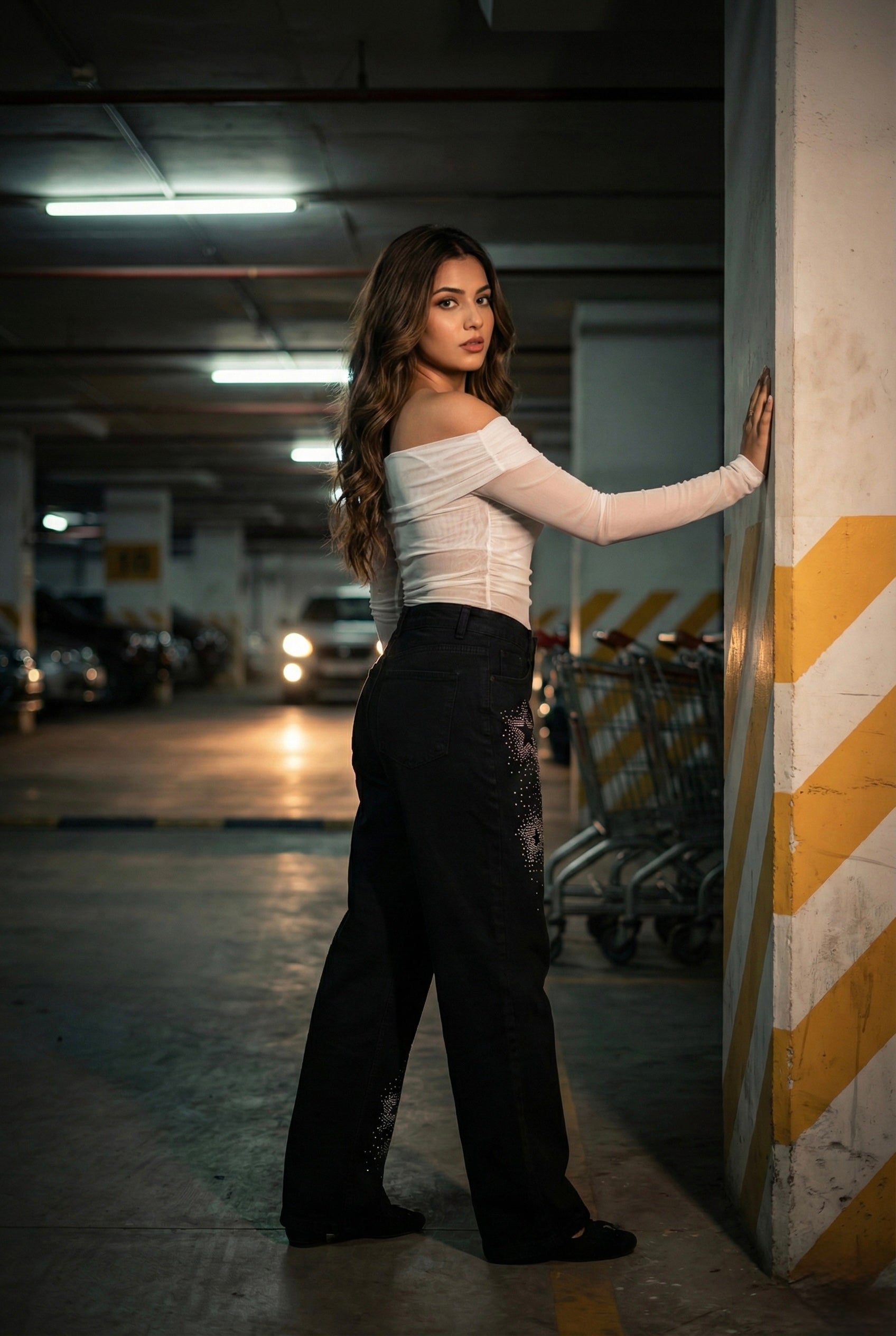 Star-Girl Rhinestone Wide-Leg Black Jeans