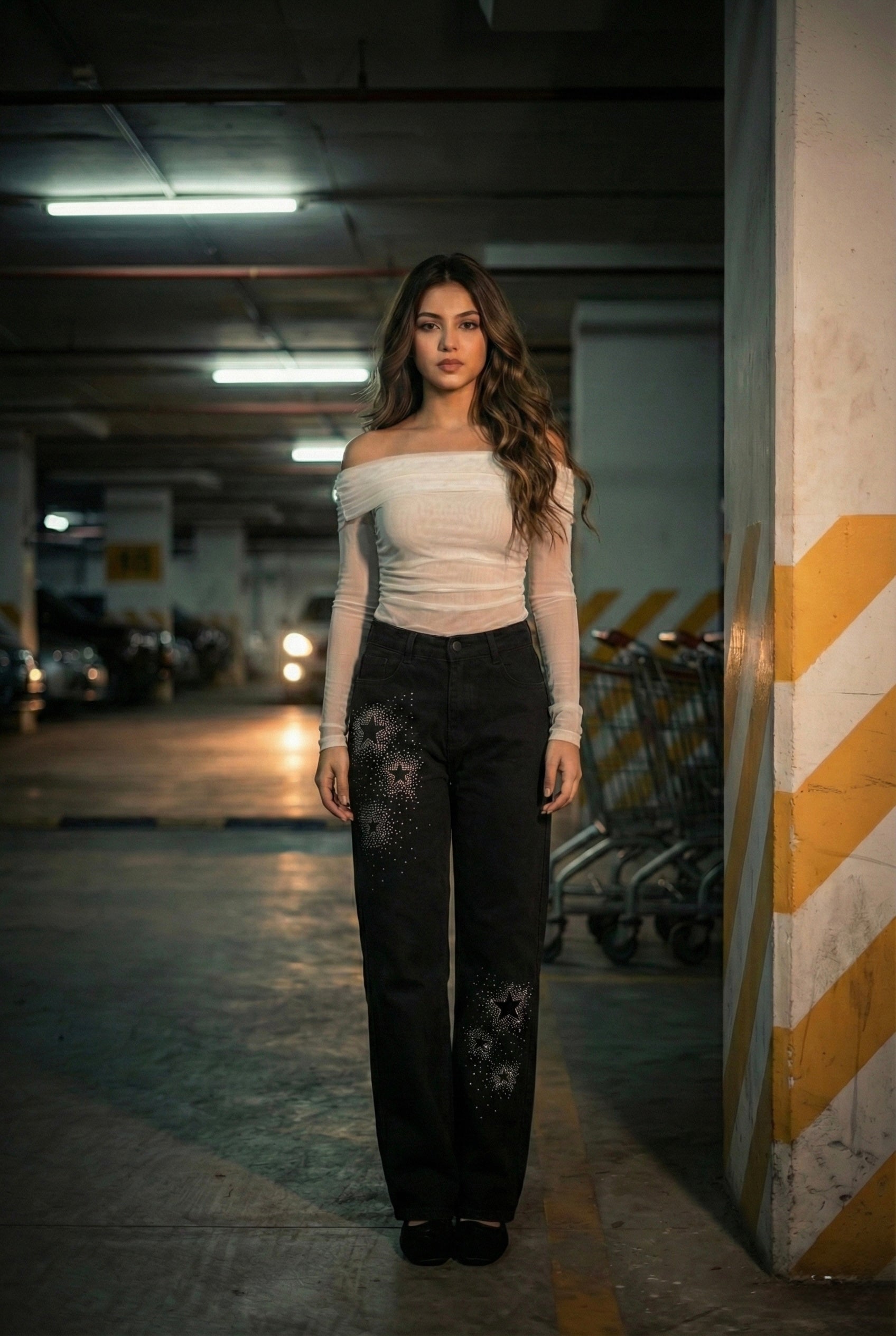 Star-Girl Rhinestone Wide-Leg Black Jeans