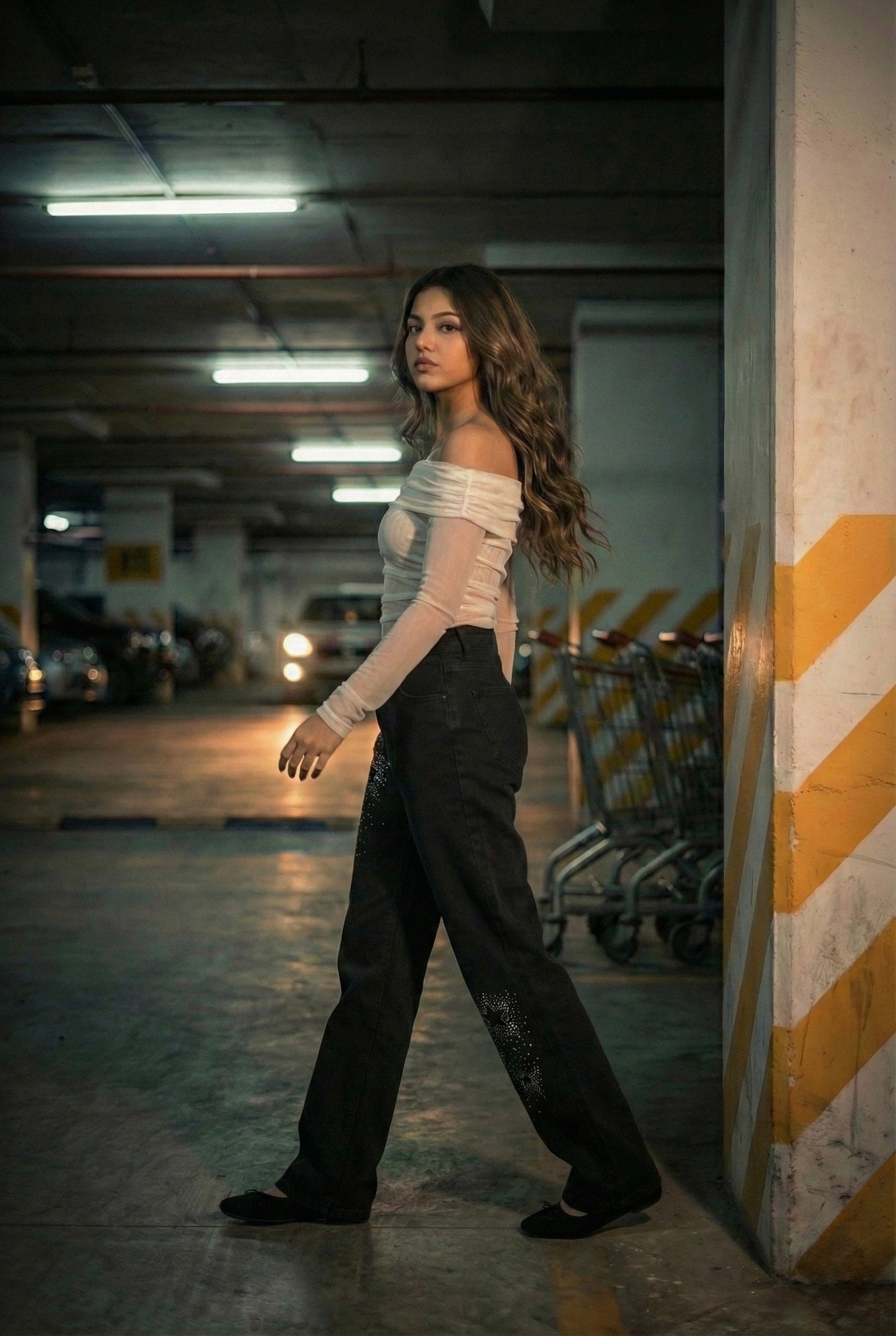 Star-Girl Rhinestone Wide-Leg Black Jeans