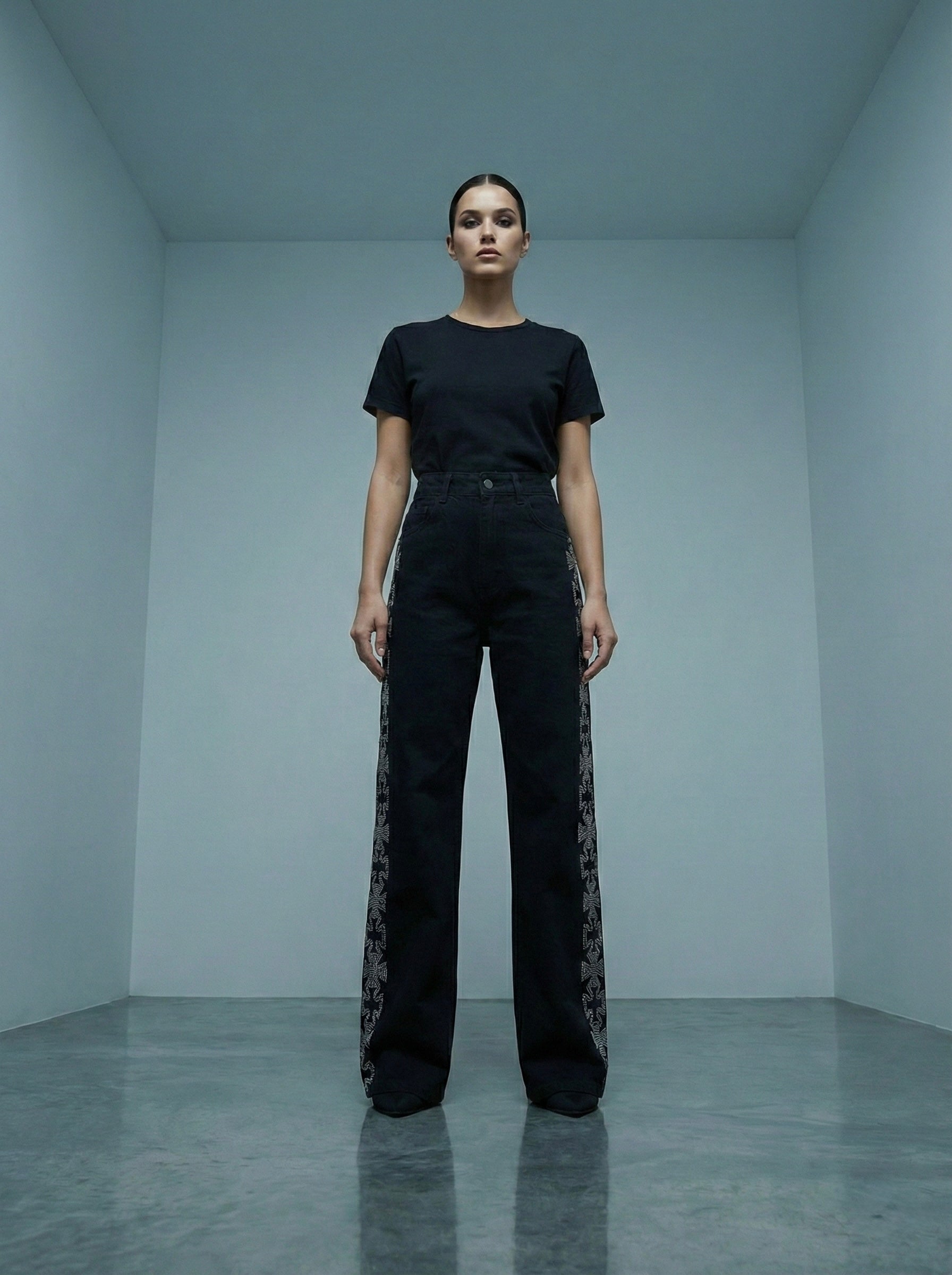 Black Wide-Leg Rhinestone Side Stripe Jeans | Premium Party Wear Fit