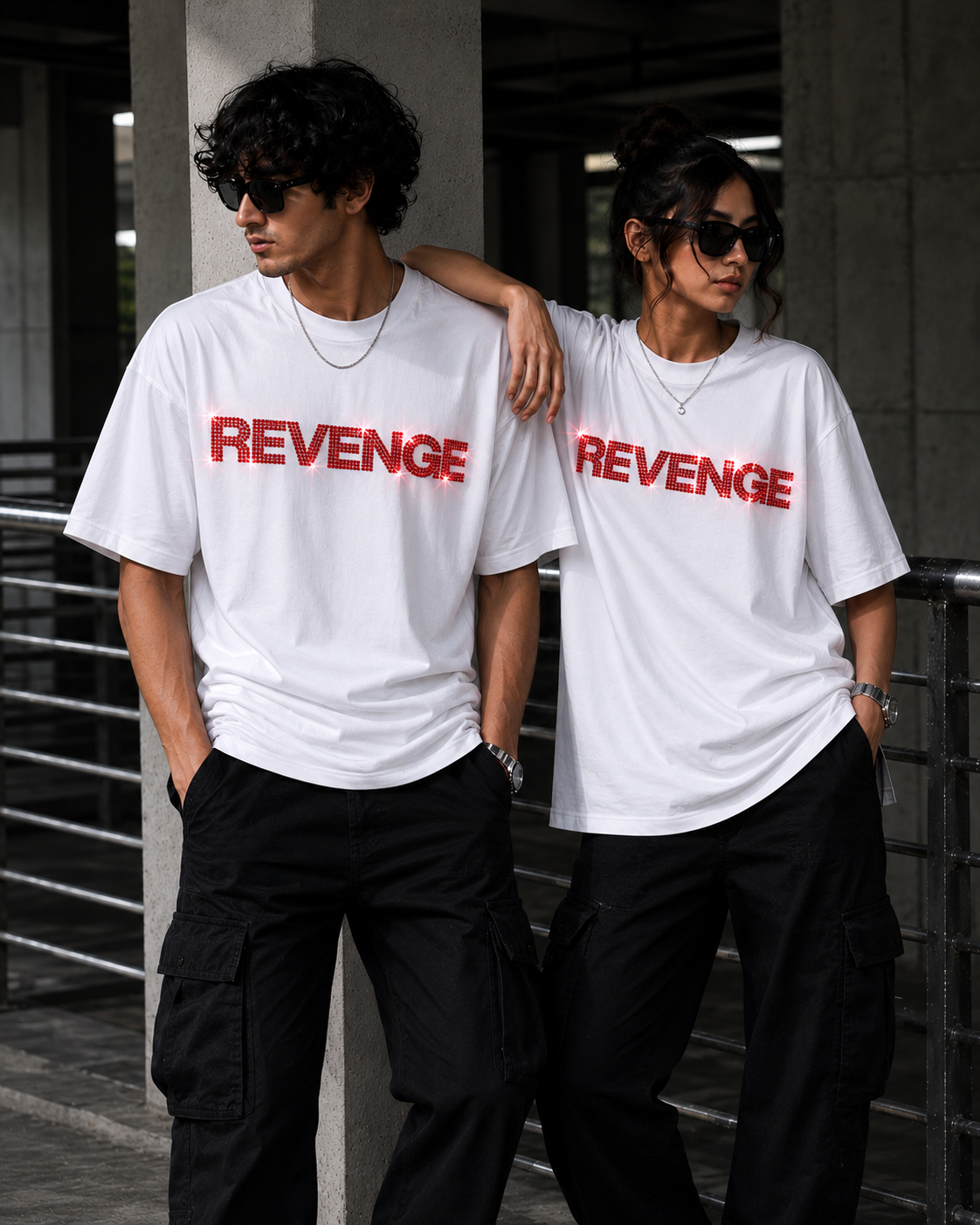 REVENGE - White Rhinestone Oversized Unisex T-Shirt