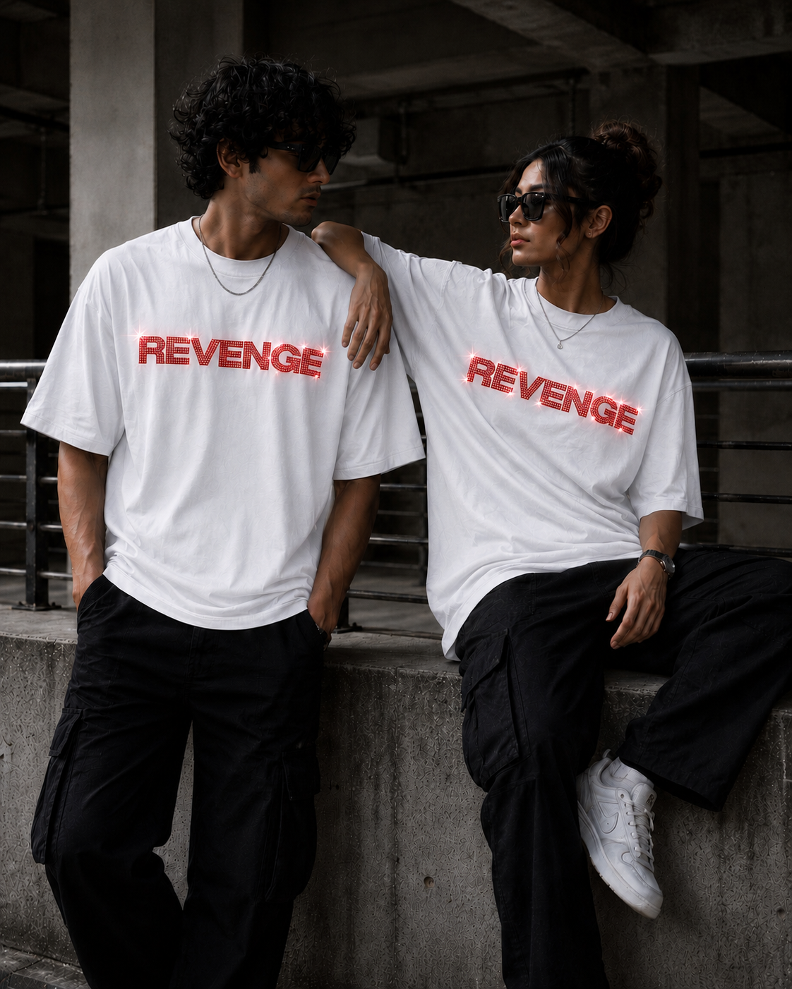 REVENGE - White Rhinestone Oversized Unisex T-Shirt