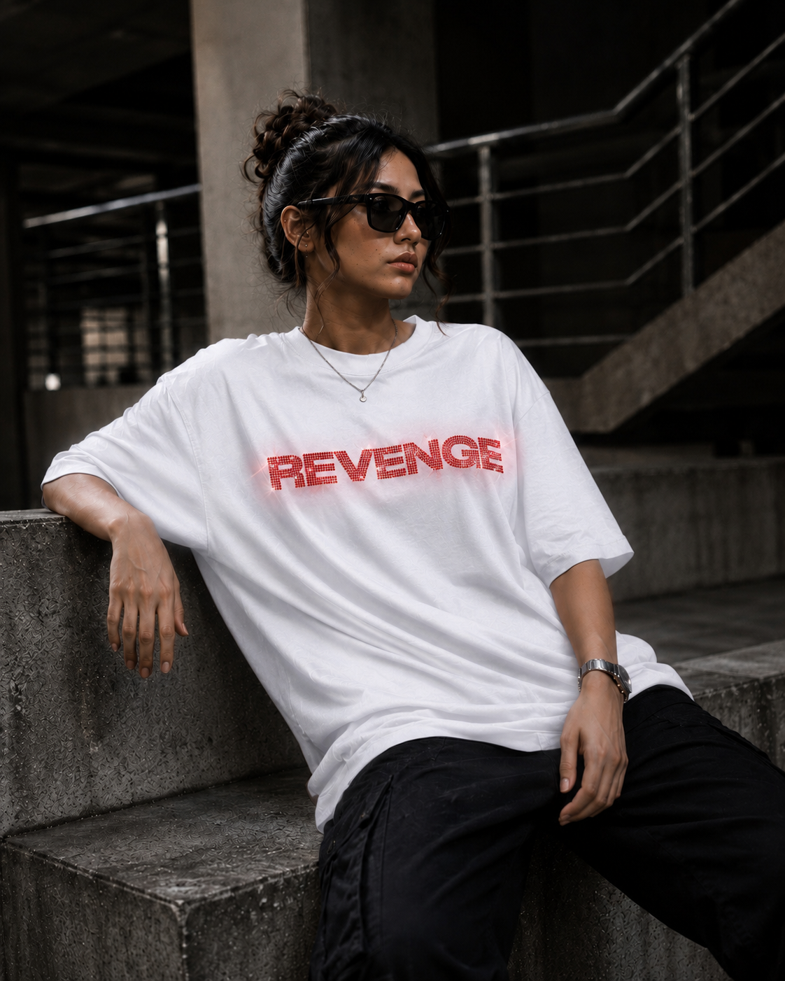 REVENGE - White Rhinestone Oversized Unisex T-Shirt