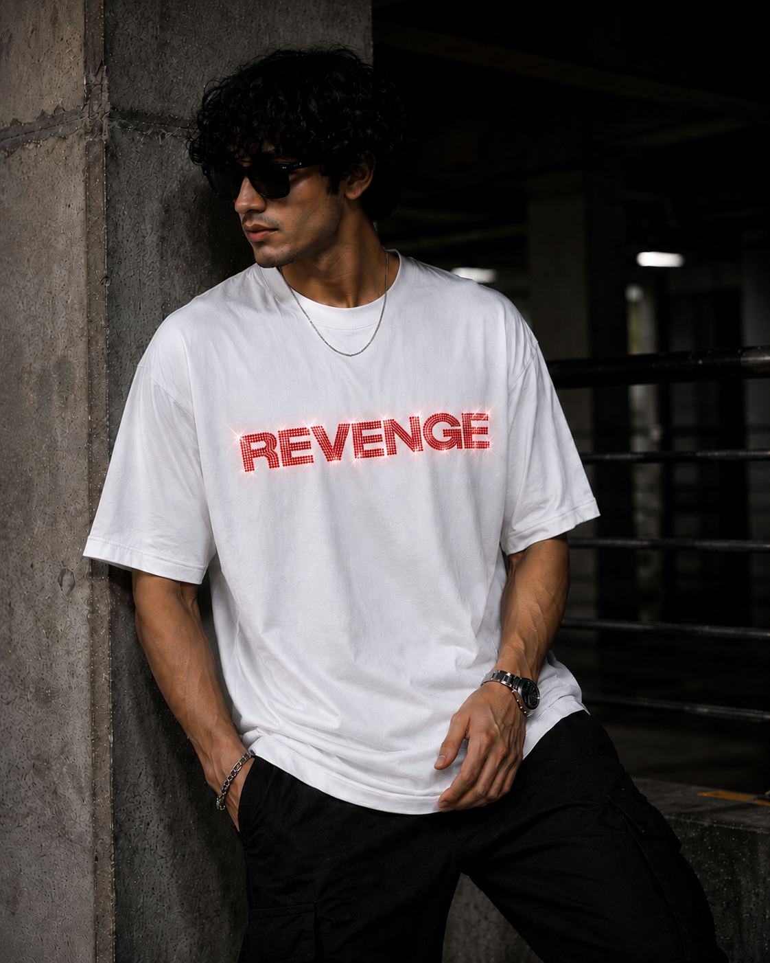 REVENGE - White Rhinestone Oversized Unisex T-Shirt